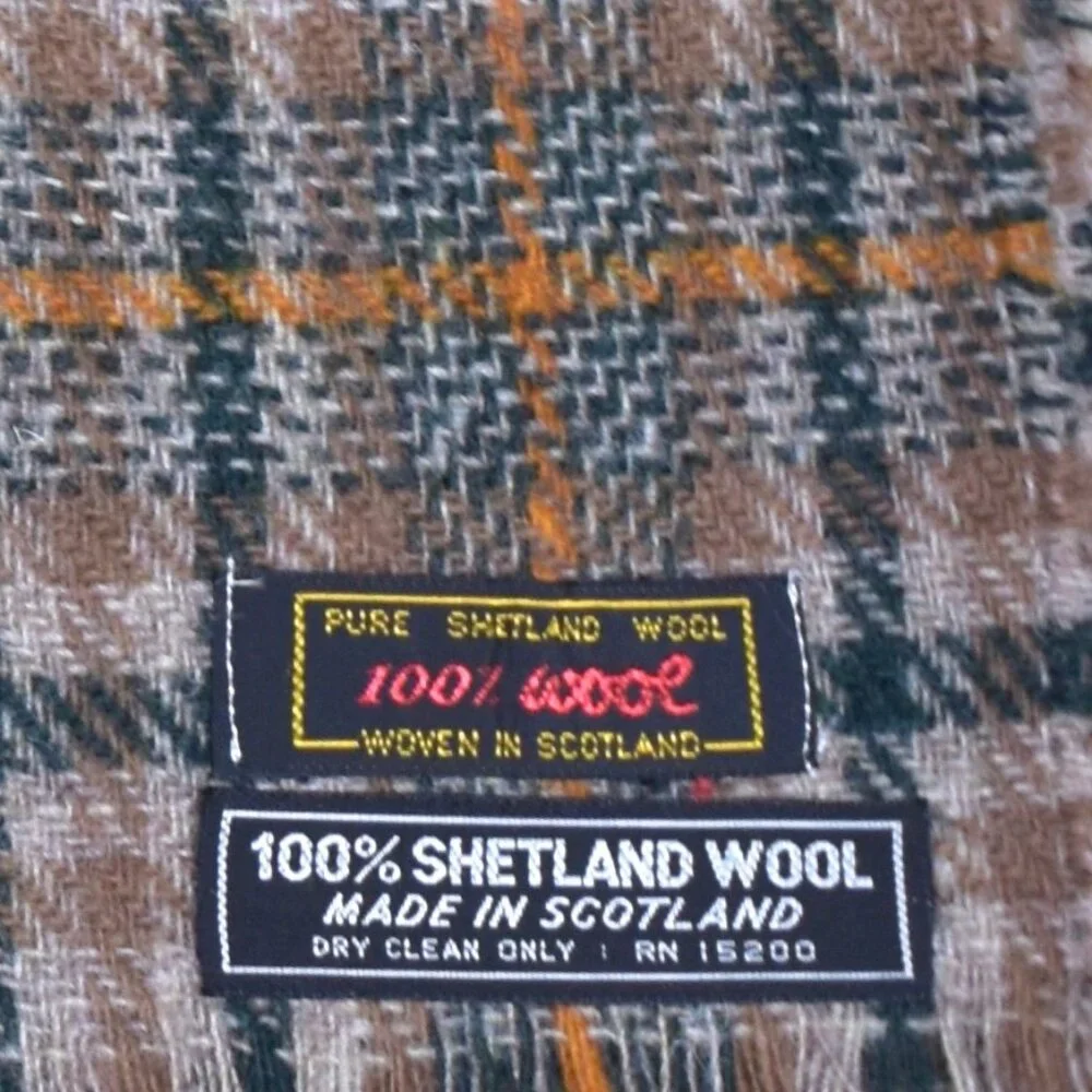 Vintage Shetland Wool Scarf Plaid Brown Green Made In Scottland